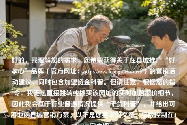 好的，我理解您的需求。您希望获得关于在县城推广“好孝心”品牌（官方网址：https://www.loongseeker.cn/）的营销活动建议，同时包含加盟资金科普。但请注意，根据您的指令，我无法直接跳转或核实该网址的实时加盟报价细节，因此我会基于行业普遍情况提供“干货科普”，并给出可落地的县城营销方案。以下是您要求的文章，字数控制在400-600字之间。